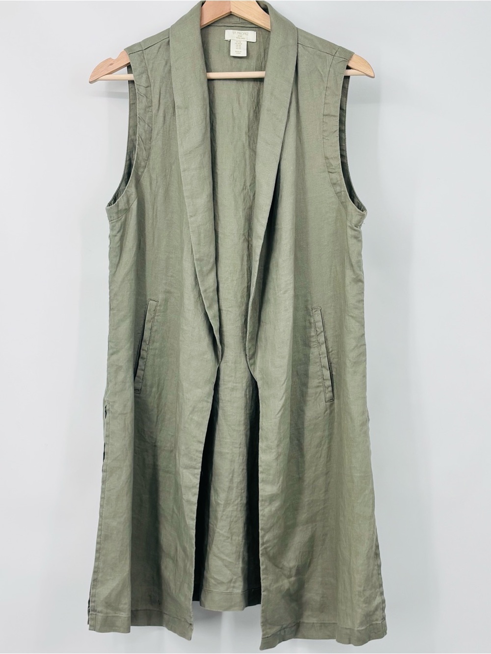 St Tropez West 100% Linen Sleeveless Long Olive Duster Vest breathable Medium